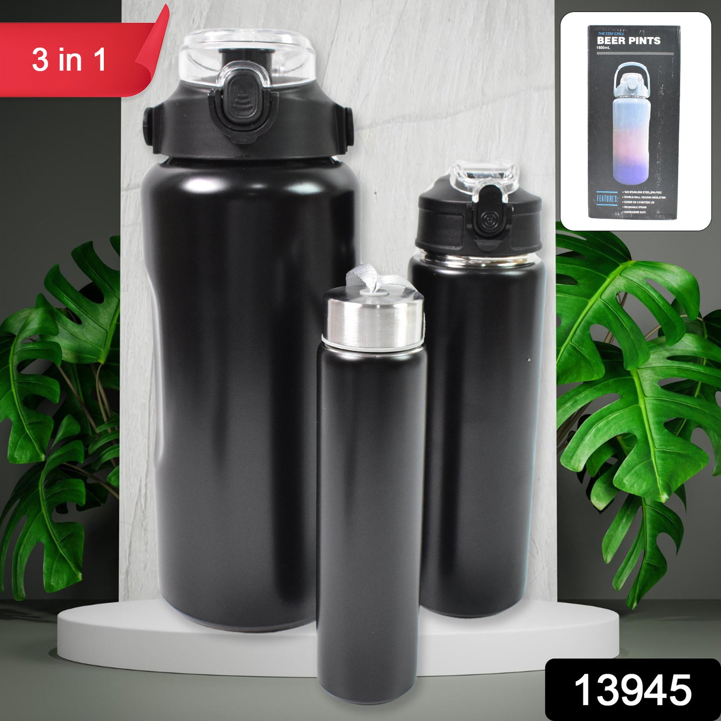 3 In 1 Stainless Steel Insulated Water Bottle Double Wall Vacuum